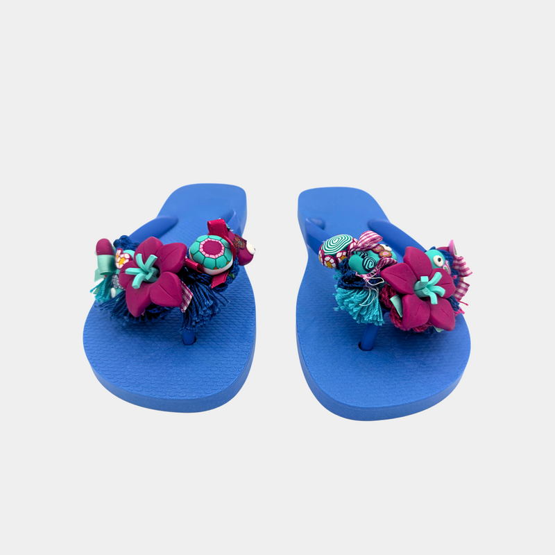 Flip flops bluette con fiori e pesci fucsia