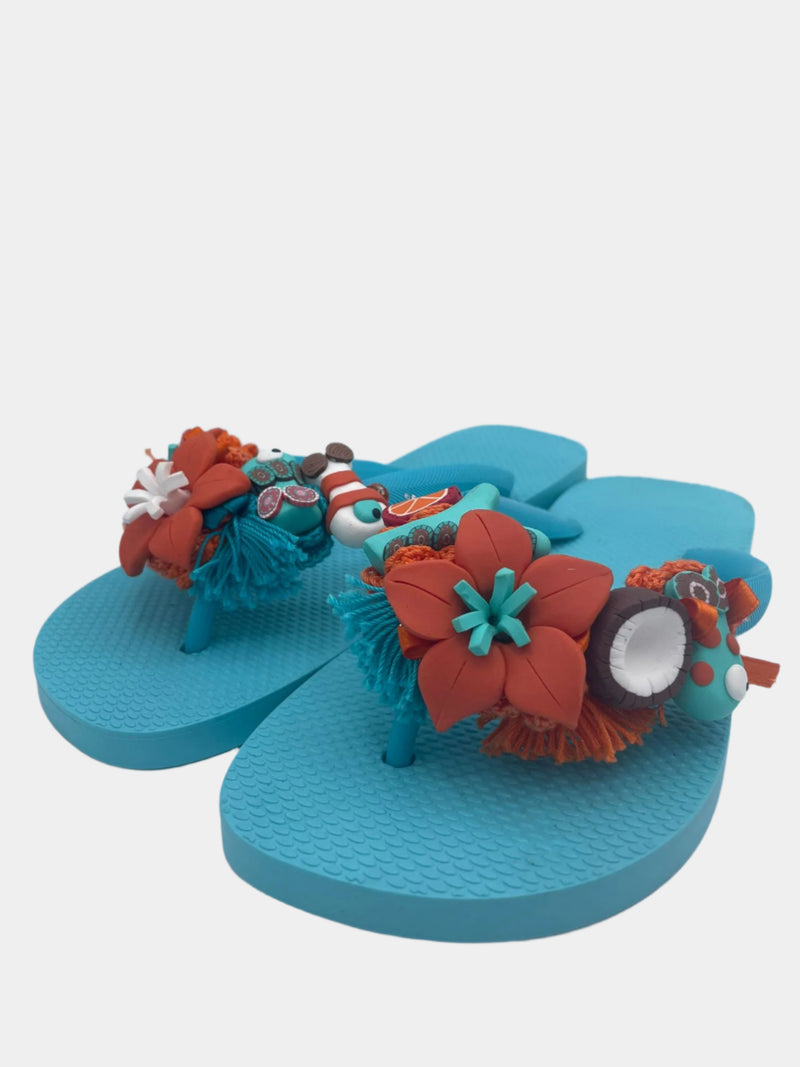 Flip flops turchesi con fiori cocco e pesci
