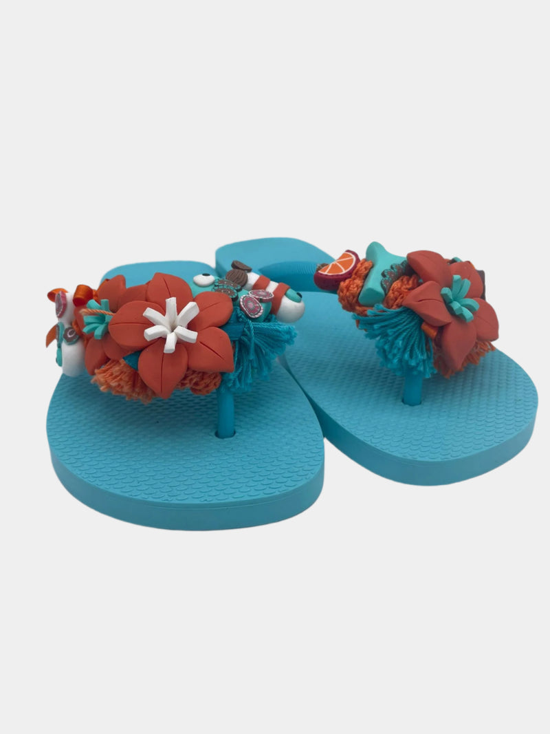 Flip flops turchesi con fiori cocco e pesci