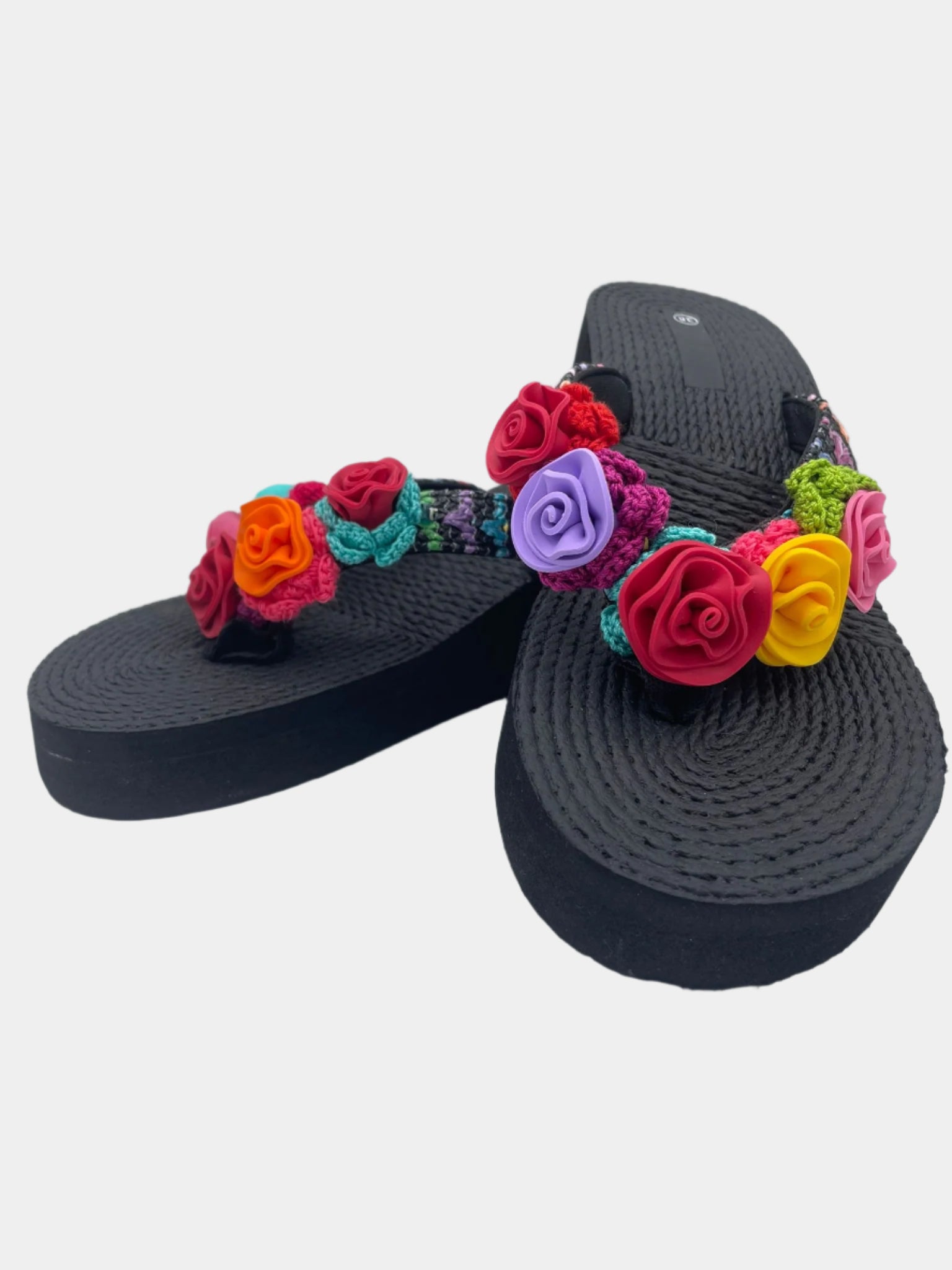 Flip flops con zeppa nere con rose colorate