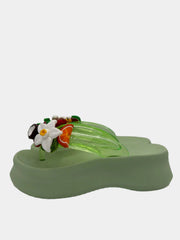 Flip - Flops modello zeppa alta verde mela con fascetta trasparente e dettagli zagara e frutti - Fashion Loft
