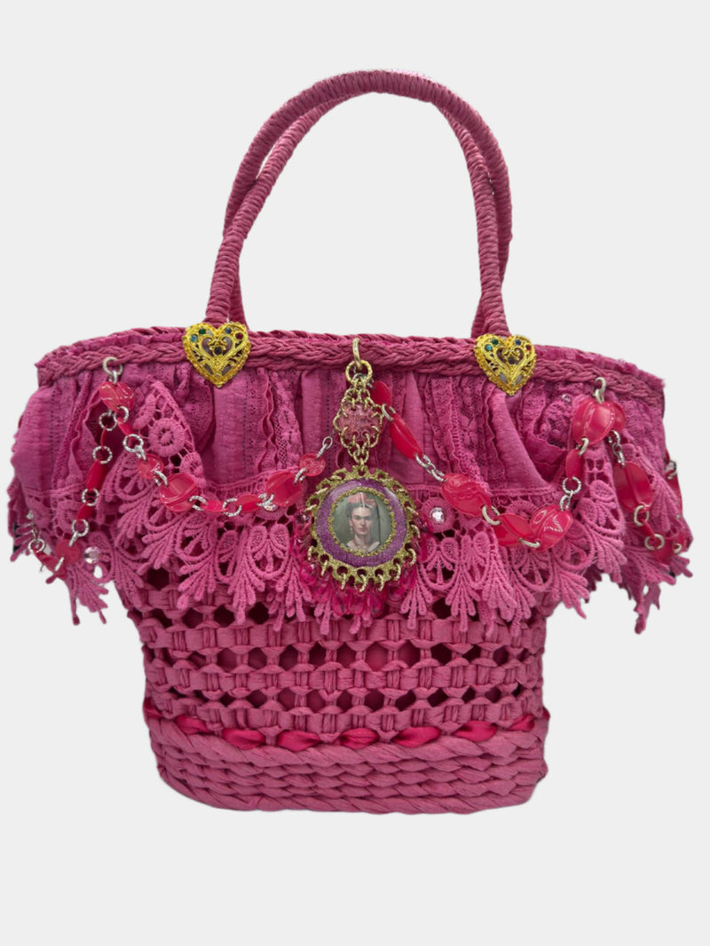 Borsa Coffa con pizzo fucsia e dettagli oro e Frida Kahlo