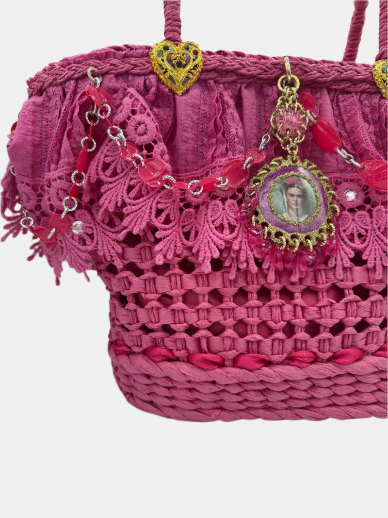 Borsa Coffa con pizzo fucsia e dettagli oro e Frida Kahlo