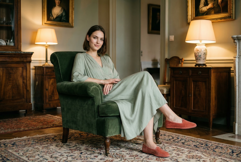 Modella seduta elegante con Friulane Babine in velluto salmone, outfit salvia, fatte a mano in Friuli – Le Babine