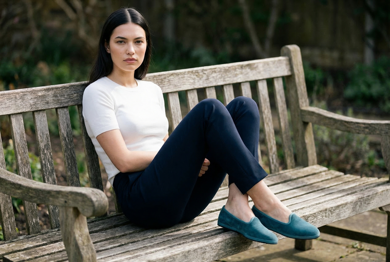 Modella seduta su panchina con Friulane Babine in velluto verde fiordo, outfit navy, fatte a mano in Friuli – Le Babine