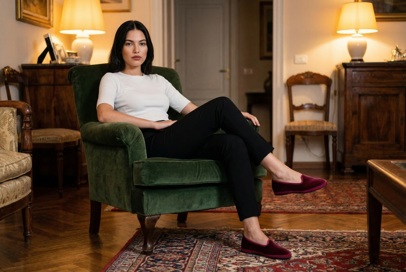 Modella seduta in interno elegante con Friulane Babine in velluto fucsia, fatte a mano in Friuli – Le Babine