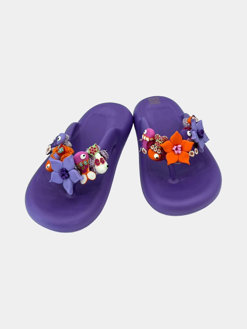 Flip-Flops Platform Viola Tropical Fish - infradito artigianali handmade con fiori arancio e lilla e pesciolini in pasta fimo - BB Fashion Loft (BBFLIP37)