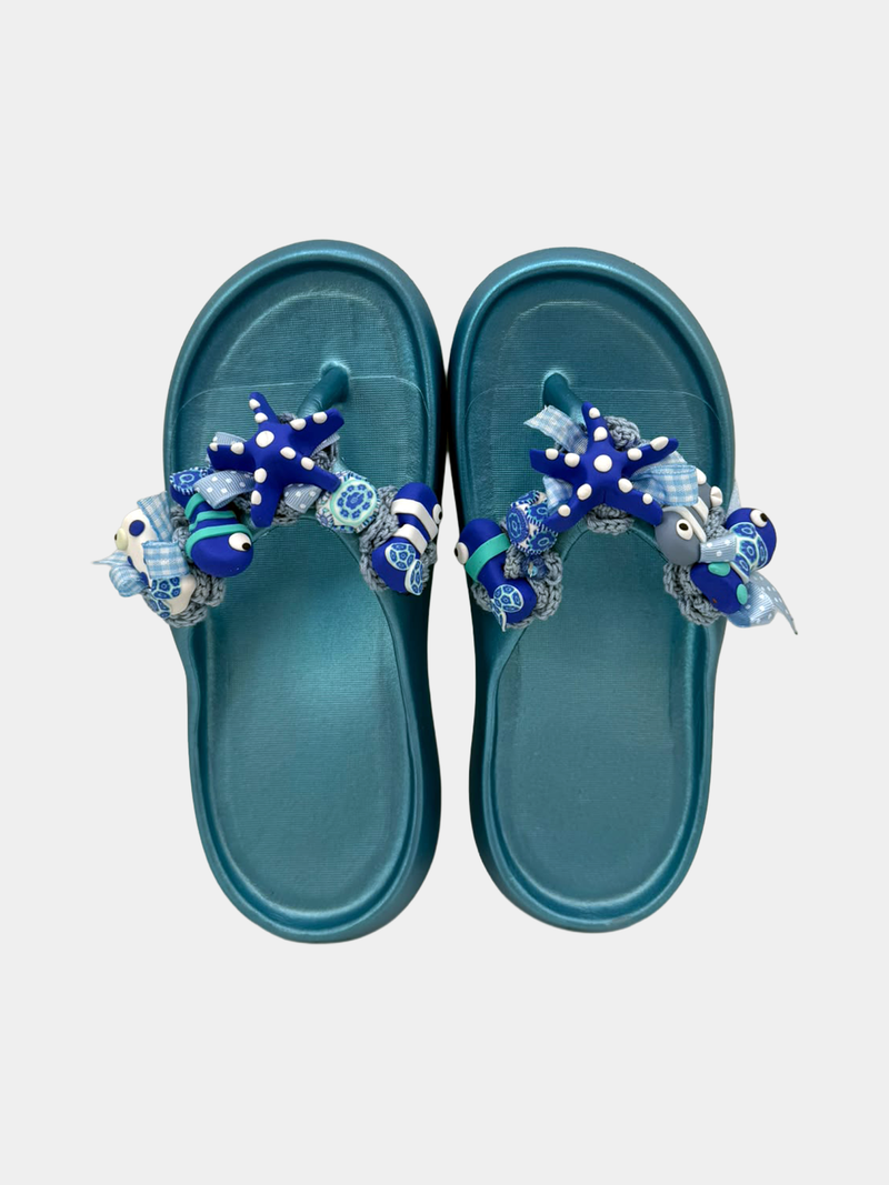 Flip-Flops Platform Azzurro Metallizzato Mare - infradito artigianali handmade con stelle marine e pesciolini blu in pasta fimo - BB Fashion Loft (BBFLIP38)