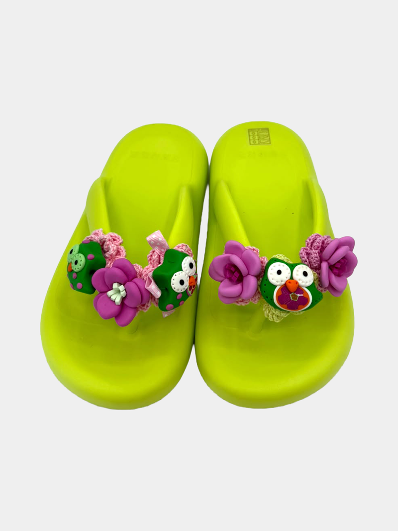 Flip-Flops Platform Lime con Gufetti - infradito artigianali handmade con gufetti kawaii e fiori fucsia in pasta fimo - BB Fashion Loft (BBFLIP39)