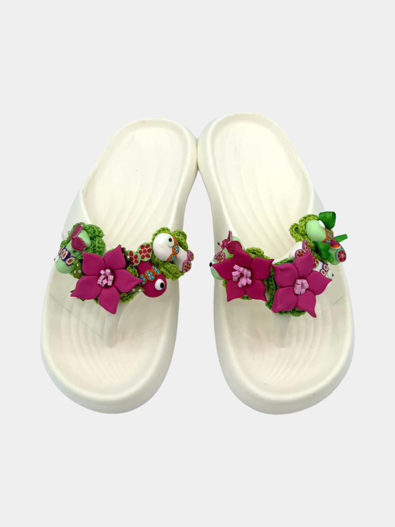 Flip-Flops Platform Bianche Fiori Fucsia - infradito artigianali handmade con fiori fucsia e coccinelle in pasta fimo - BB Fashion Loft (BBFLIP40)