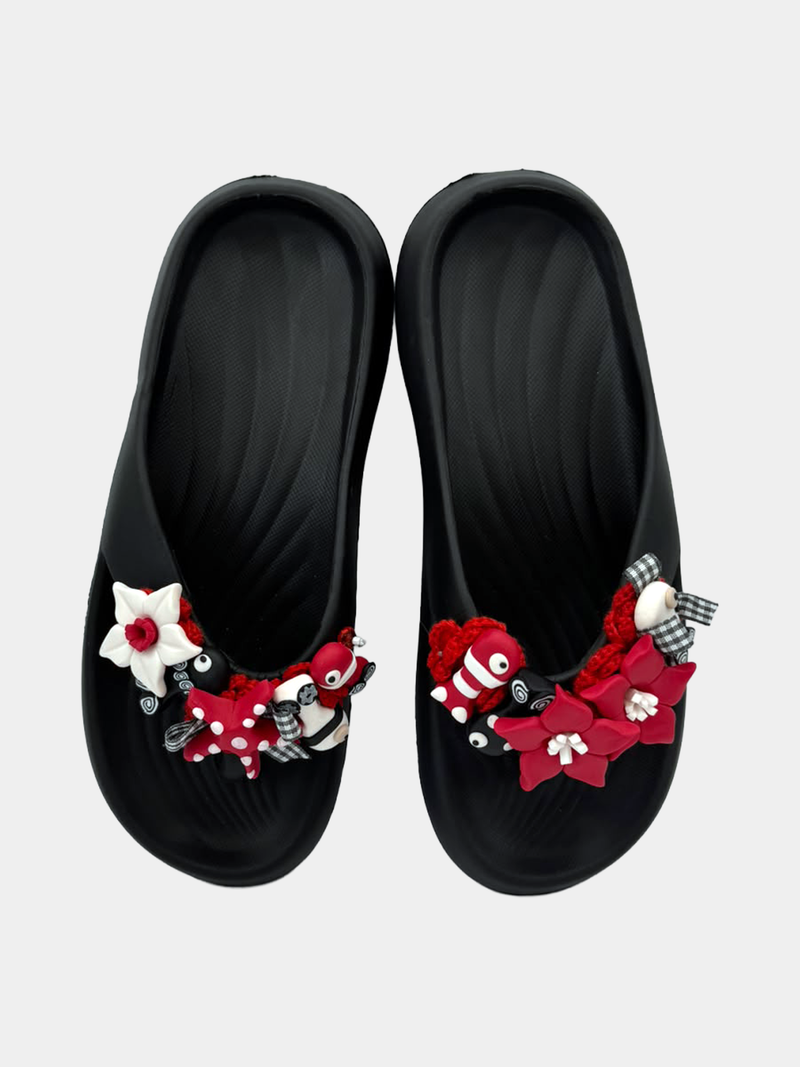 Flip-Flops Platform Nere Rosso e Bianco - infradito artigianali handmade con stella marina e fiori rossi in pasta fimo - BB Fashion Loft (BBFLIP41)