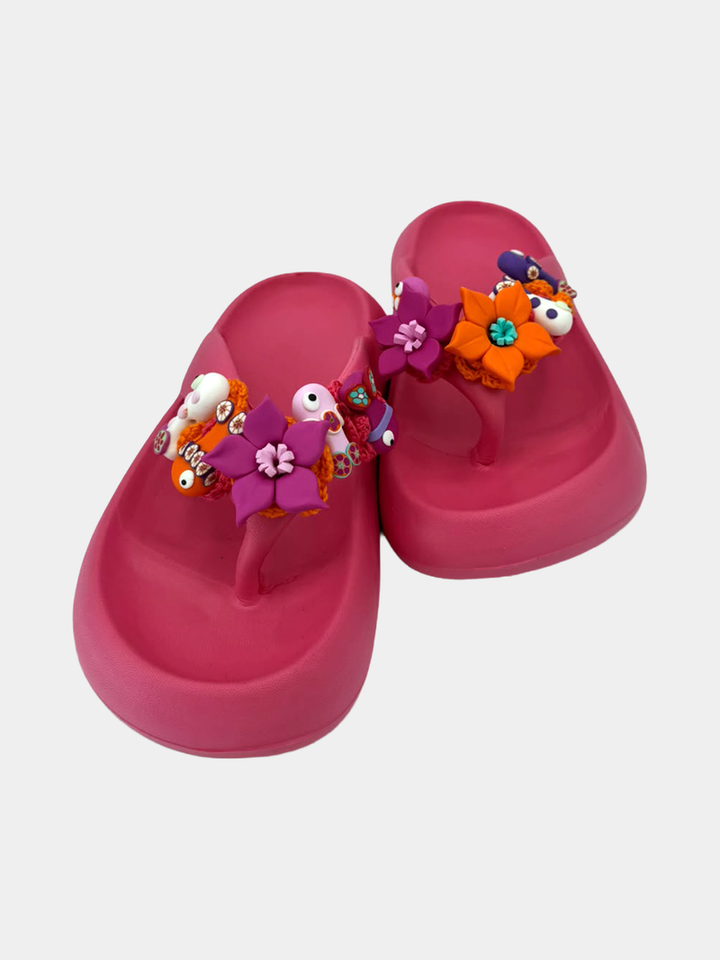 Flip-Flops Platform Fucsia Fiori e Pesciolini - infradito artigianali handmade con fiori arancio e viola e pesciolino blu in pasta fimo - BB Fashion Loft (BBFLIP43)