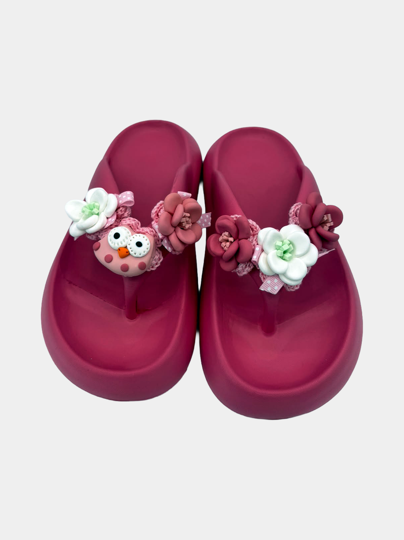Flip-Flops Platform Rosa Romantiche - infradito artigianali handmade con roselline rosa e bianche e gufetto in pasta fimo - BB Fashion Loft (BBFLIP44)