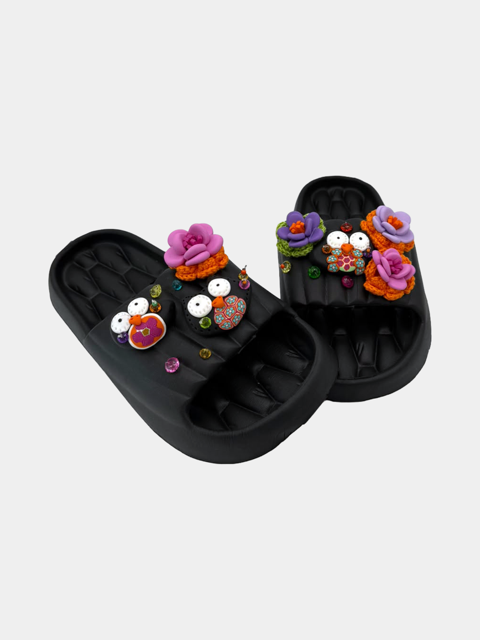 Flip-Flops Nere Gufetti e Rose - vista 2 - infradito handmade BB Fashion Loft (BBFLIP45)