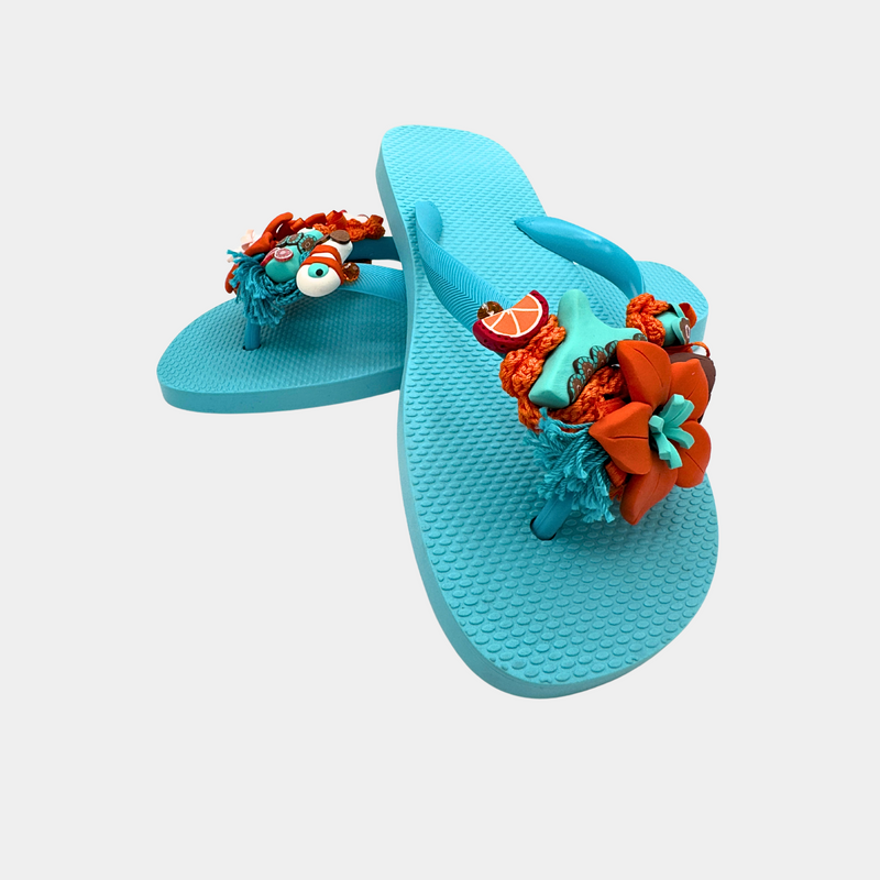 Flip flops turchese con fiori e pesciolini arancioni
